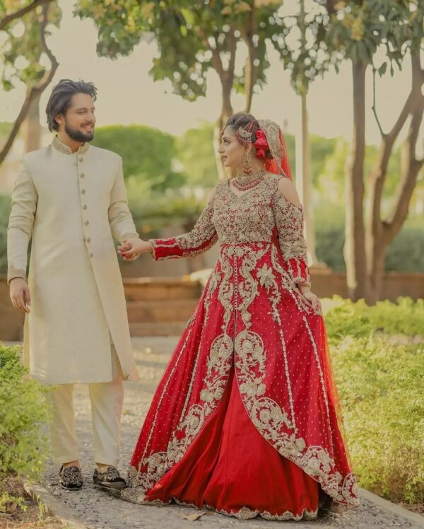 Red wedding long split anarkali with lehenga