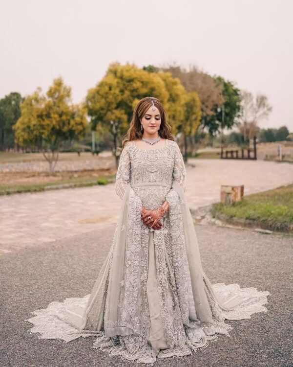 Ivory long trail split anarkali with lehenga