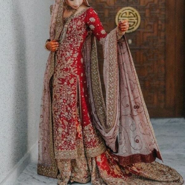 red and golden Pakistani wedding lehenga