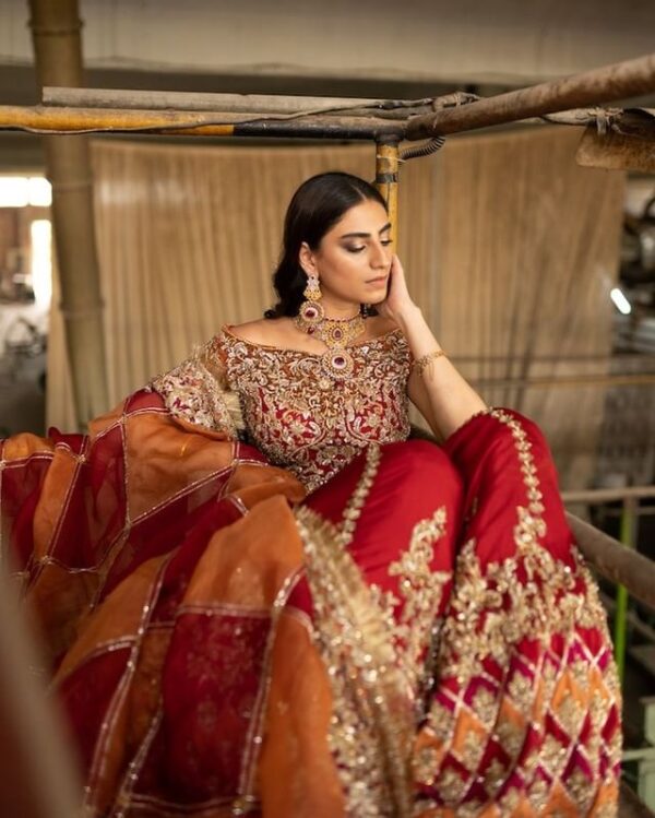 red embroidered sharara suit