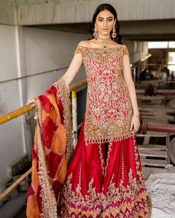 Designer red and golden sharara