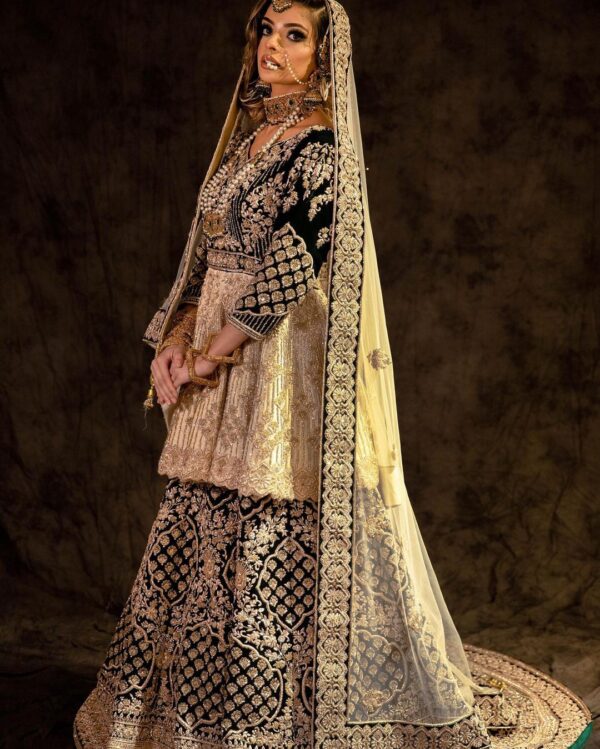 golden and blue wedding peplum with lehenga