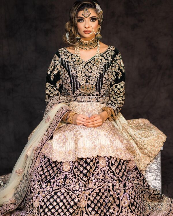 peplum with bridal long trail lehenga
