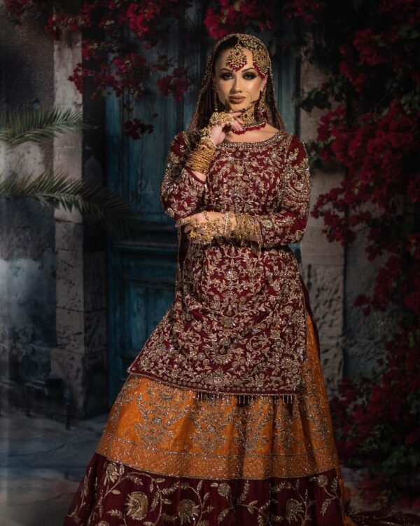 Pakistani wedding long trail lehenga with kurti