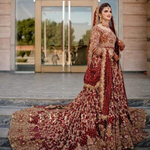 Red long trail lehenga with choli