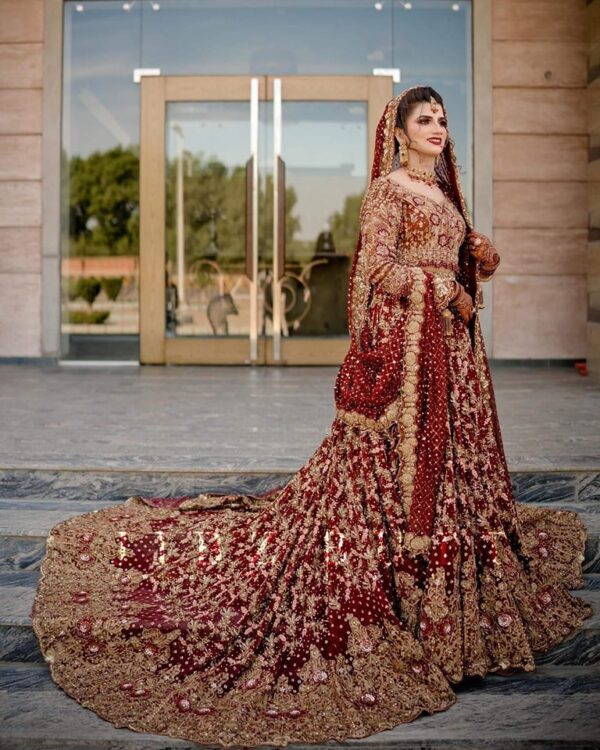 Red long trail lehenga with choli