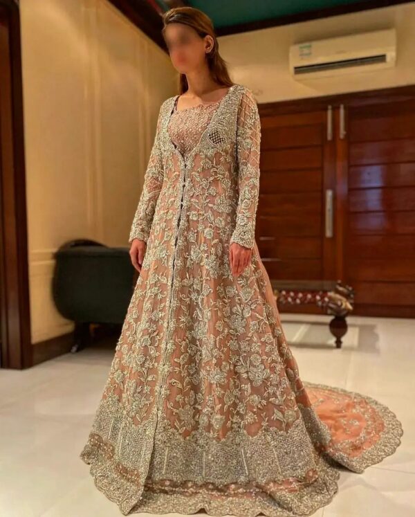 Ivory long trail split jacket with lehenga