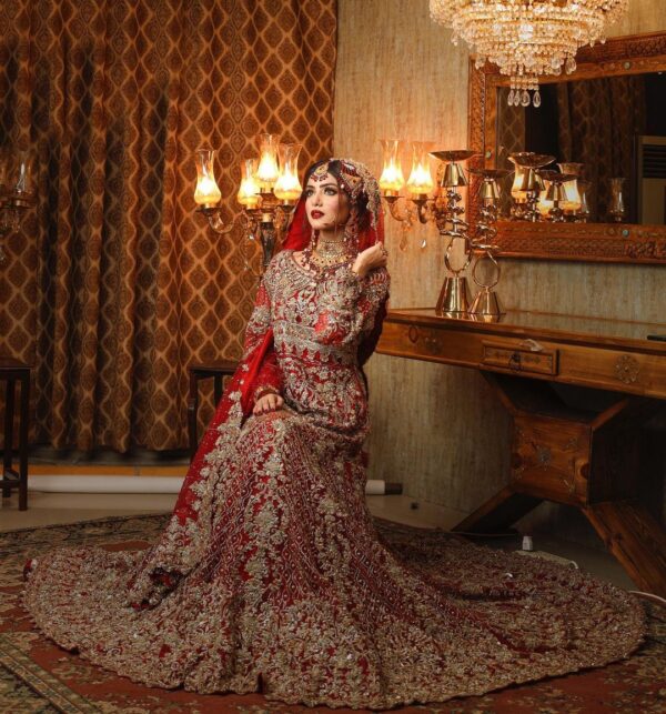 wedding long trail lehenga with embroidery