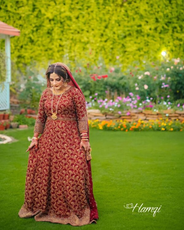 wedding long gown with golden embroidery