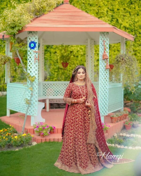 red designer bridal long gown with golden embroidery