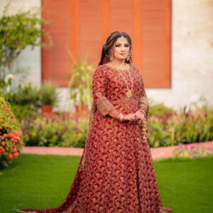 bridal red long gown with golden embroidery