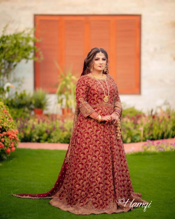 bridal red long gown with golden embroidery