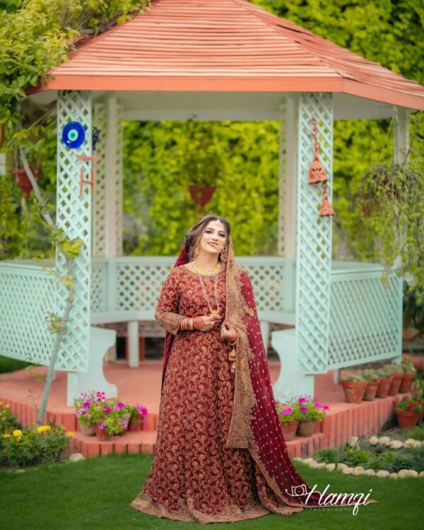 wedding long bridal gown with golden embroidery