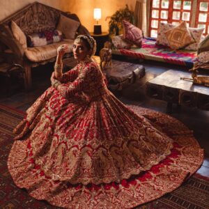 Red bridal long anarkali with lehenga