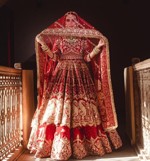 red and golden embroidered anarkali with lehenga
