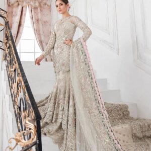 Ivory wedding long trail lehenga with top