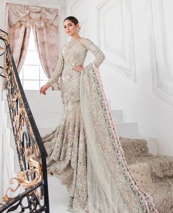 Ivory wedding long trail lehenga with top