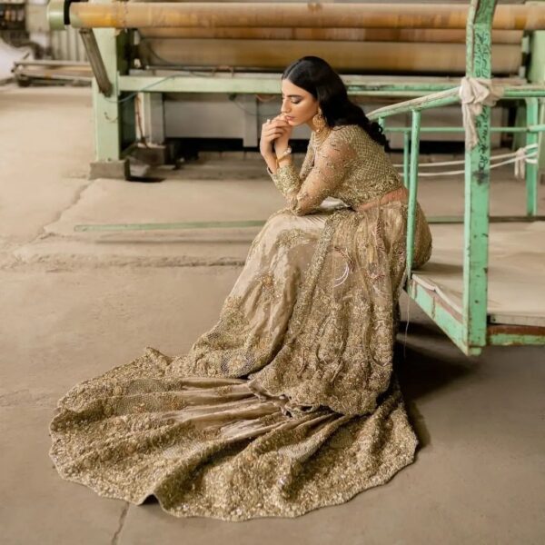 golden wedding long trail lehenga with split anarkali
