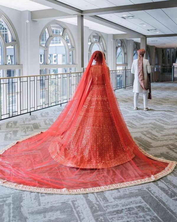 red bridal lehenga choli with crop top