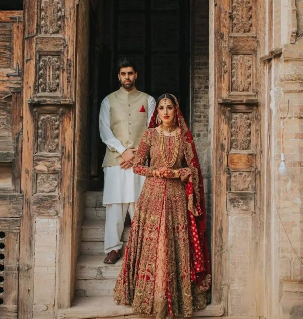 designer red bridal long split anarkali with lehenga