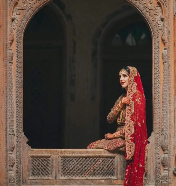red and golden bridal split anarkali with lehenga
