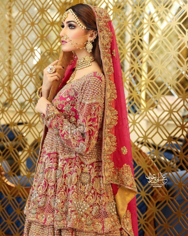 Pakistani wedding long trail lehegna with peplum