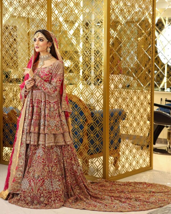 Pakistani wedding long trail lehenga with peplum
