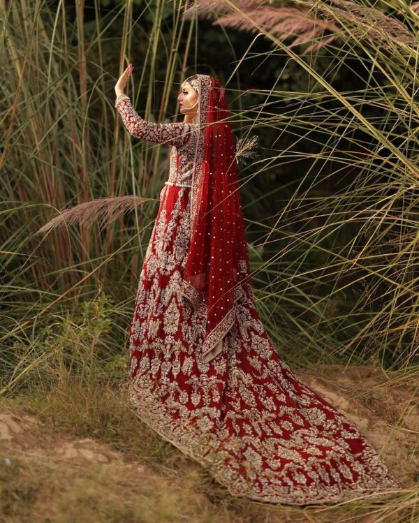 Red bridal long trail gown with handwork