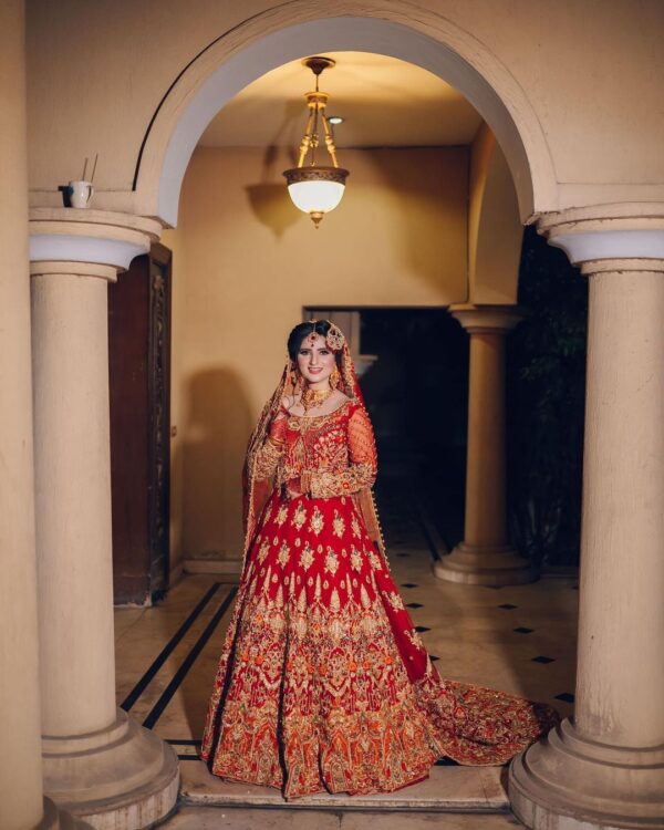 red and golden bridal long trail gown