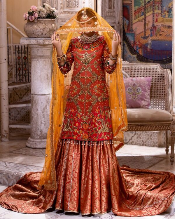 Orange wedding lehenga with kurti