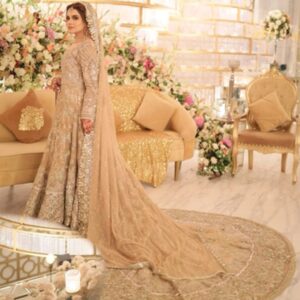 Golden wedding long trail gown with embroidery
