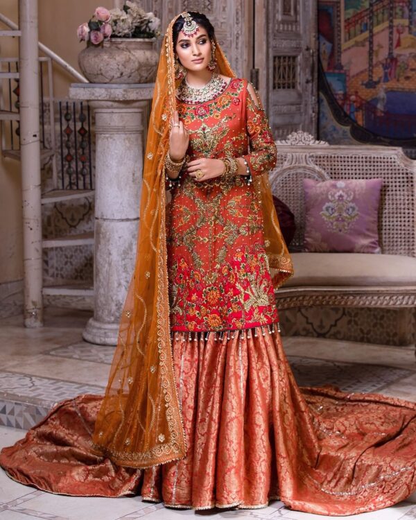 Pakistani wedding long trail lehenga with kurti