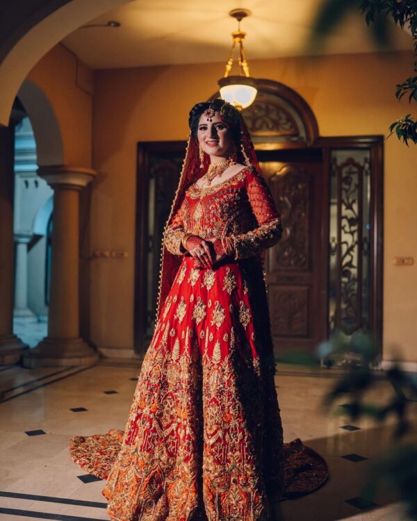 Red and golden wedding long trail gown