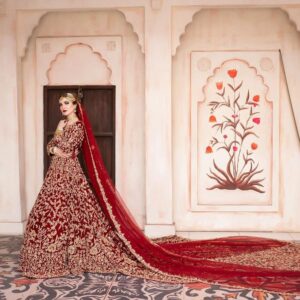 red wedding long trail gown with embroidery