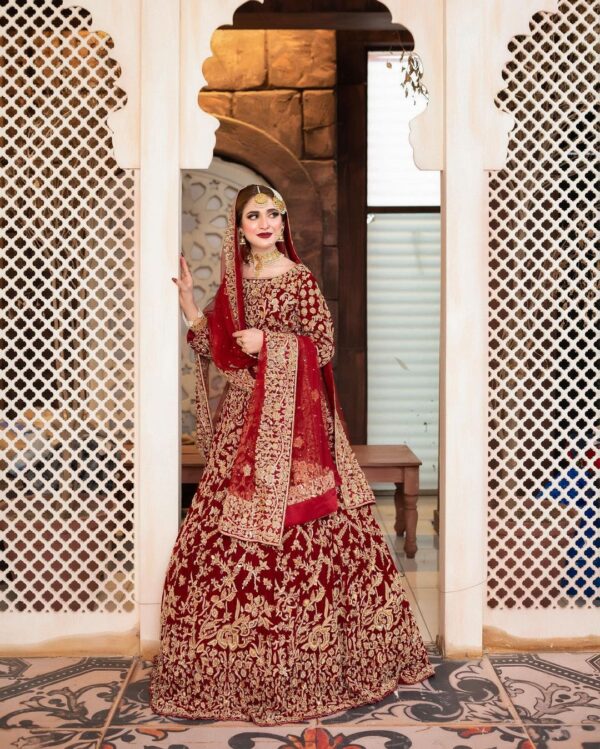 Bridal long trail red gown with embroidery