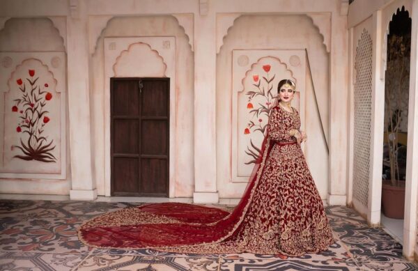Red bridal long trail gown with handwork