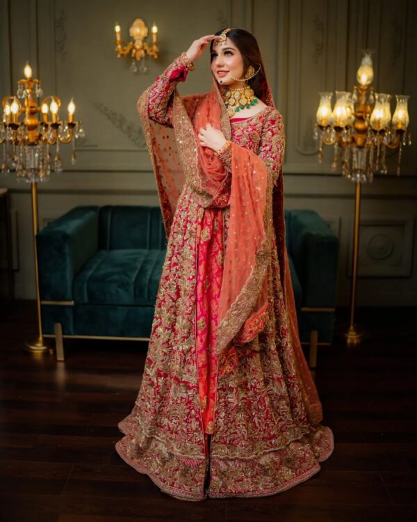 red bridal long split anarkali with lehenga