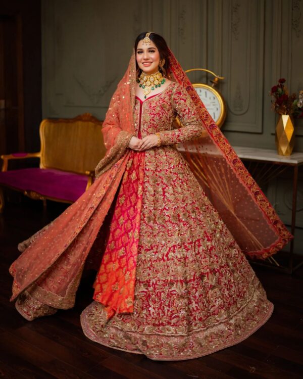 red bridal long split anarkali with lehenga