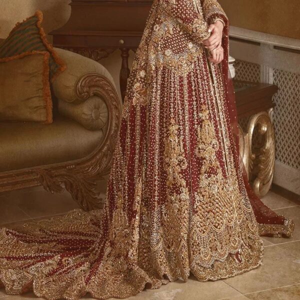 red long split anarkali with lehenga