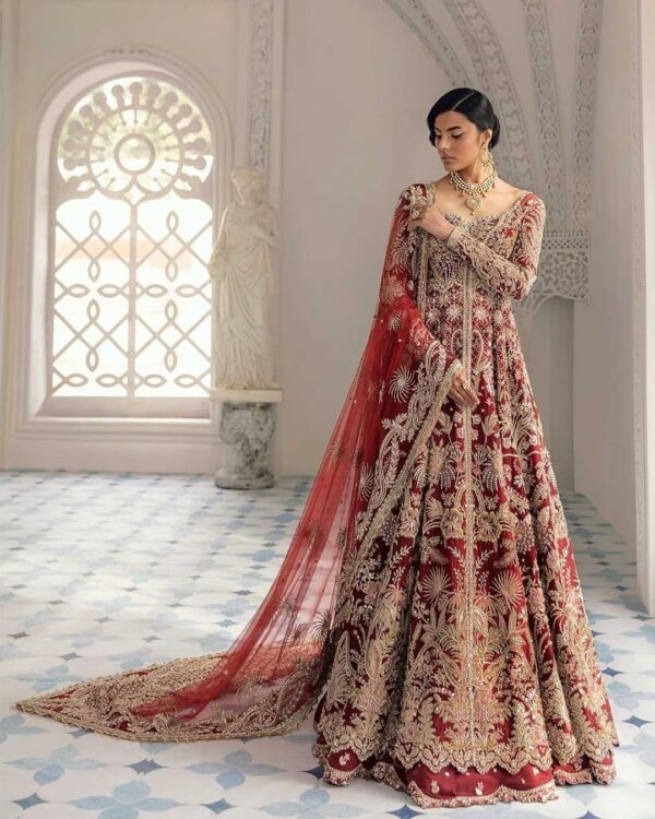 bridal long trail gown with embroidery