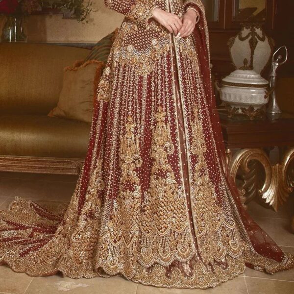 red bridal long split anarkali with lehenga