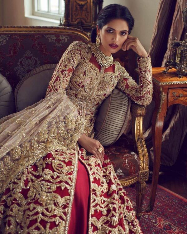 red bridal long split anarkali with lehenga