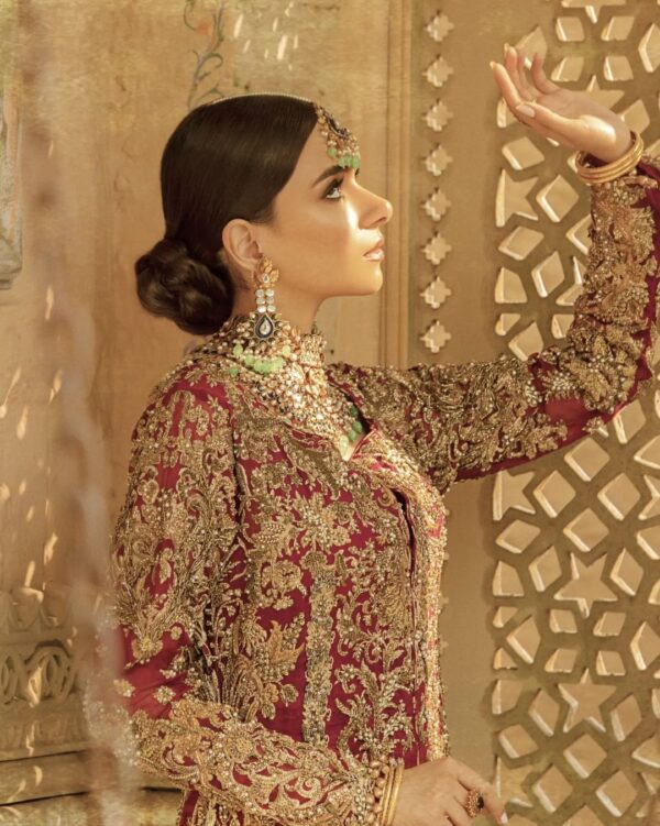 red embroidered long trail lehenga with anarkali