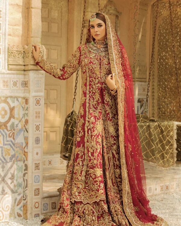 bridal long trail anarkali with lehenga