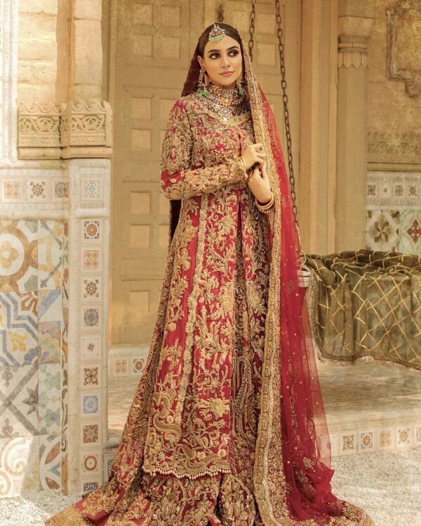 red bridal long anarkali with lehenga