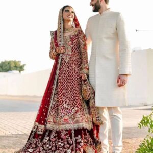 red and maroon wedding lehenga with kurti