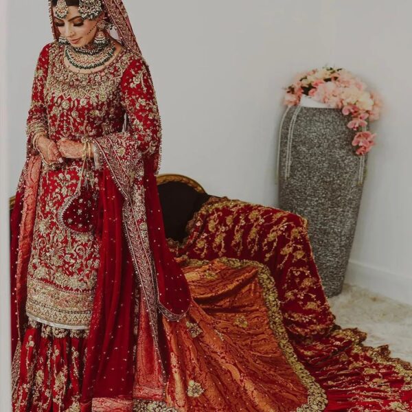 Red Pakistani wedding lehenga with kurti