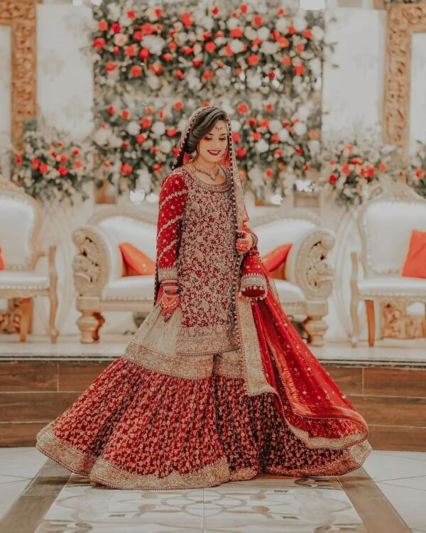 Pakistani red and golden bridal sharara