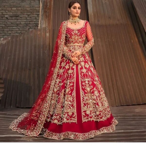red designer long split anarkali with lehenga