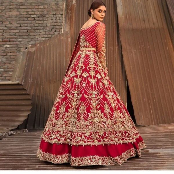 red bridal long split anarkali with lehenga